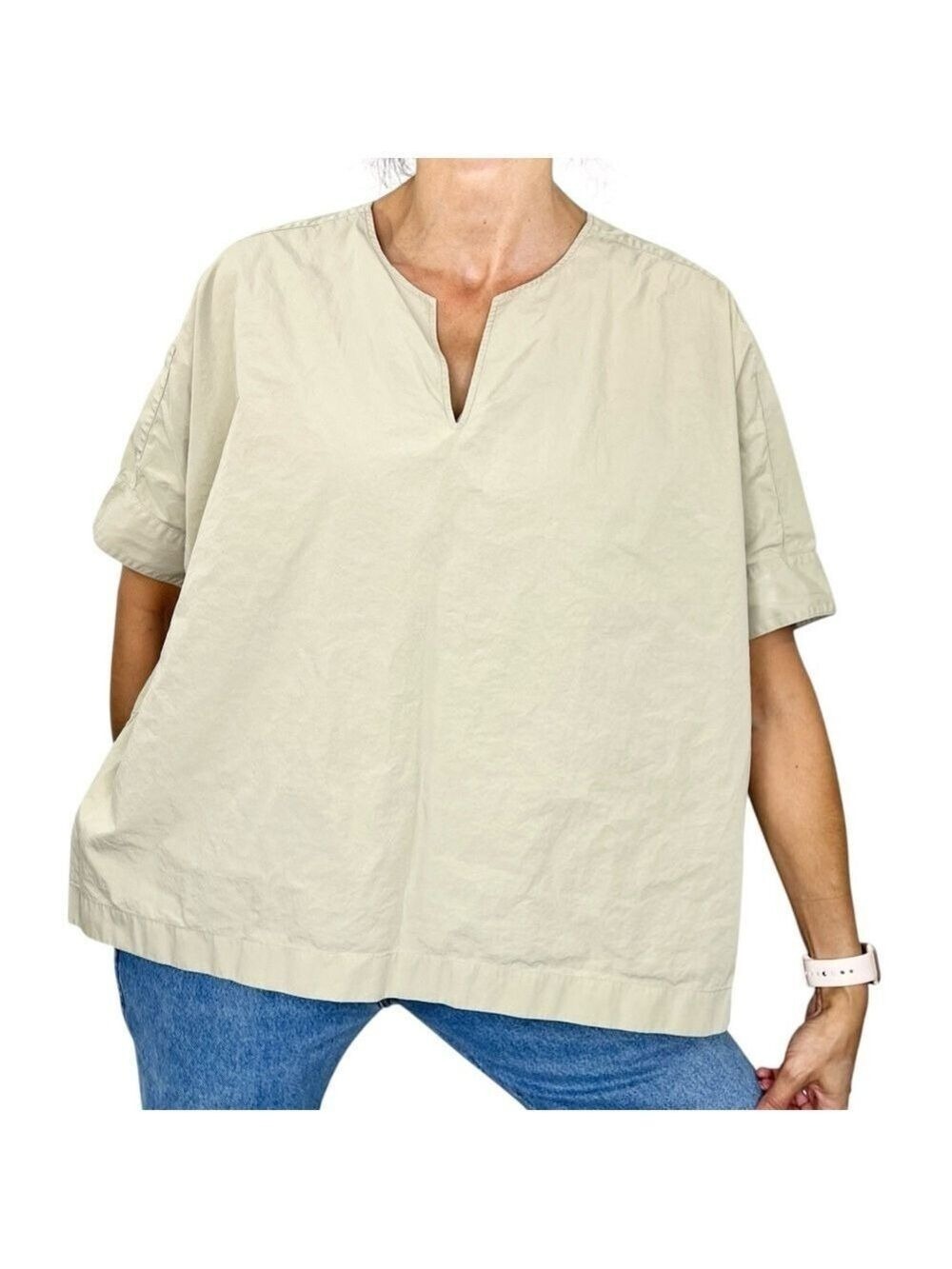 UNIQLO pure cotton beige boxy oversized Lagenlook split neck dolman sleeve top S